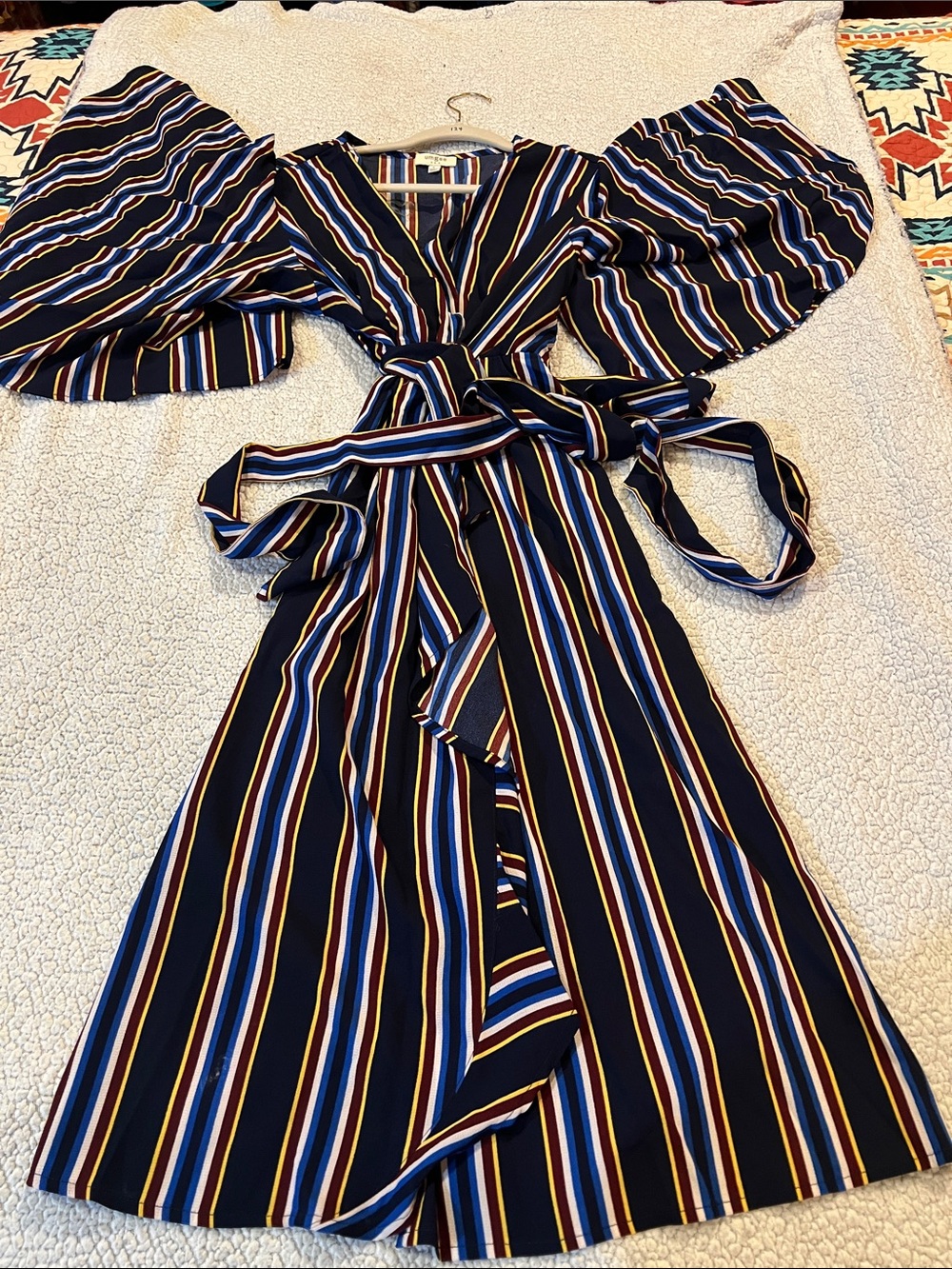 Umgee Navy Striped Wrap Midi Dress with Puff Sleeves
